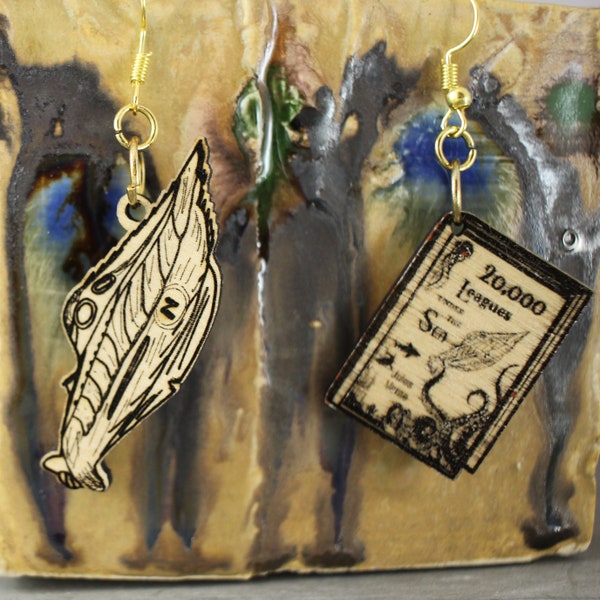 Jules Verne - 20,000 Leagues Under The Sea Book Earrings, wooden