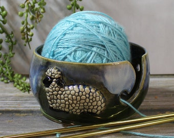 Ceramic Yarn Bowl with Sheep, blue and dark green