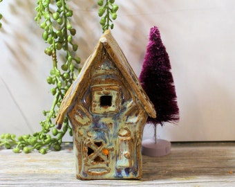 Small Ceramic House, Fairy House, tea light cover, farmhouse style