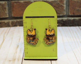 Chicken on bookstack, laser wood earrings