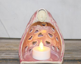 Ceramic Luminary - Pink Heart Lady, night light, tea light holder