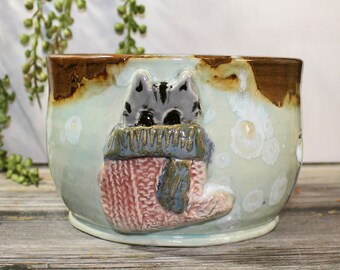 Ceramic Yarn Bowl with Gray Cat in scarf