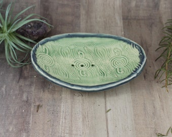 Ceramic Soap Dish, sponge holder, dragon print green