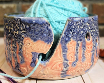 Ceramic Yarn Bowl with butterfly pattern, pinks and blues.