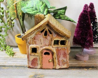 Small Ceramic House, Fairy House, tea light cover, pink house