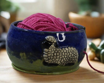 Ceramic Yarn Bowl with Sheep, green and blue