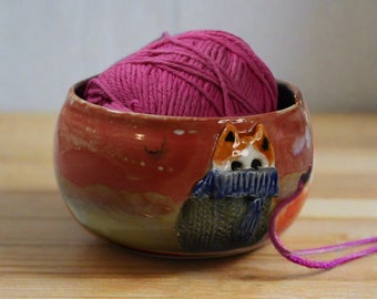 Ceramic Yarn Bowl with Calico Cat in scarf