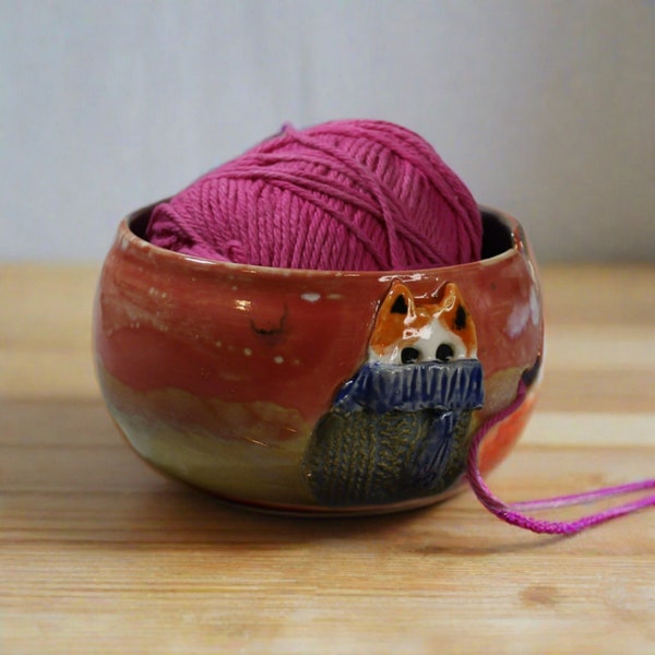 Ceramic Yarn Bowl with Calico Cat in scarf