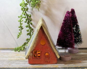 Small Ceramic House, Fairy House, tea light cover, Pink A Frame style