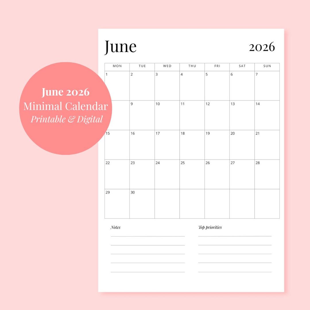 June 2026 Calendar Printable | Minimal Monthly Calendar | One Page