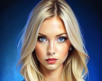 May include: A woman with long, wavy blonde hair and blue eyes is wearing a dark blue sleeveless top. She is looking directly at the camera.