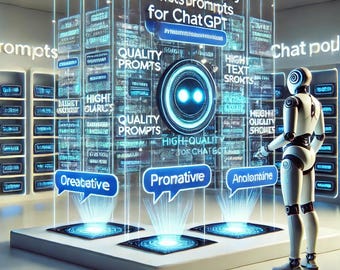 May include: A digital illustration of a robot standing in front of a screen displaying the text "Selling high-quality prompts prompts for Chat GPT". The screen also shows the words "Quality Prompts", "High Quality", "Creative", "Pronative", and "Analantine".