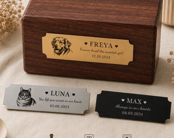 Personalised Pet Memorial Plaque with Photo, Custom Engraved Dog and Cat Memorial Name Plate for Urns, Ashes Box or Keepsake Box