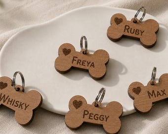 Personalised Wooden Dog Tag,Custom Engraved Bone Shape Name Tag for Small & Medium Dogs,Eco-Friendly Natural Wooden Collar Tag with Contacts