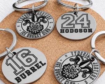Custom Team Logo Round Stainless Steel Keychain, Personalised Sports Team Gift, Laser Engraved Player Name Number Keyring, Coach Gift