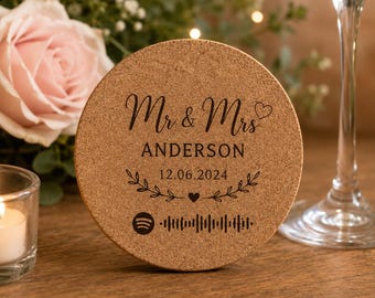 Personalised Wedding Cork Coasters, Custom Wedding Table Decor, Laser Engraved Wedding Favours, Mr & Mrs Coasters, Optional Spotify Code