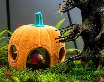 Pumpkin Aquarium Hide, Betta Fish Cave & Shrimp Shelter, Halloween Fish Tank Decoration