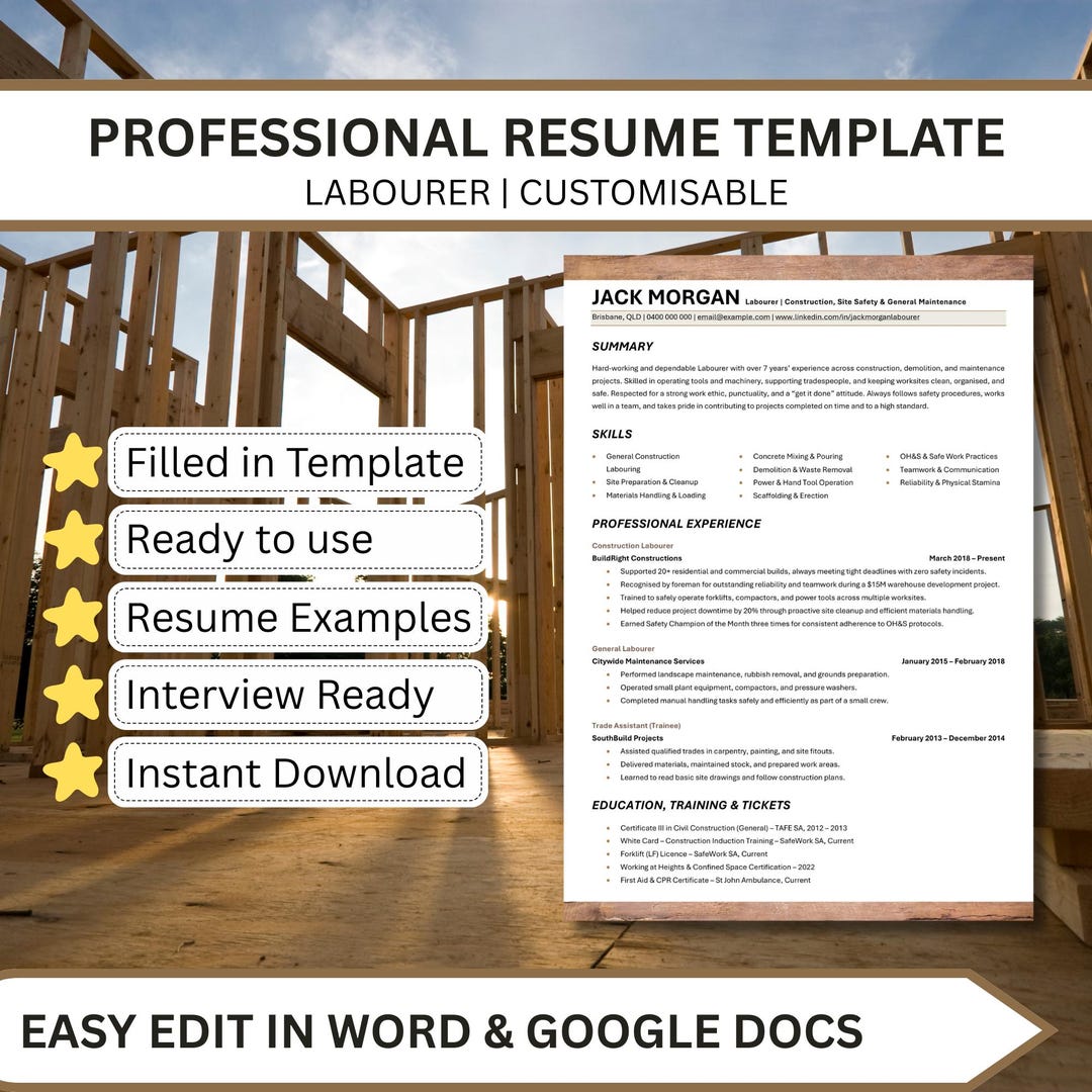 Labourer Reference Template Labourer Resume Template – Trades & Construction CV | Ats‑friendly ...