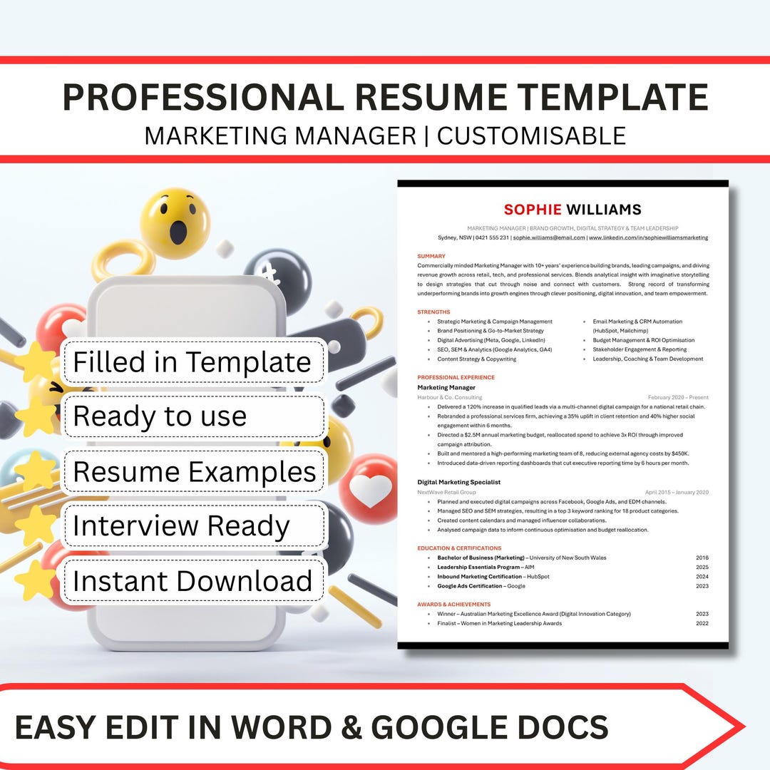 Marketing Manager Resume Template – Results‑driven CV | Ats‑friendly ...
