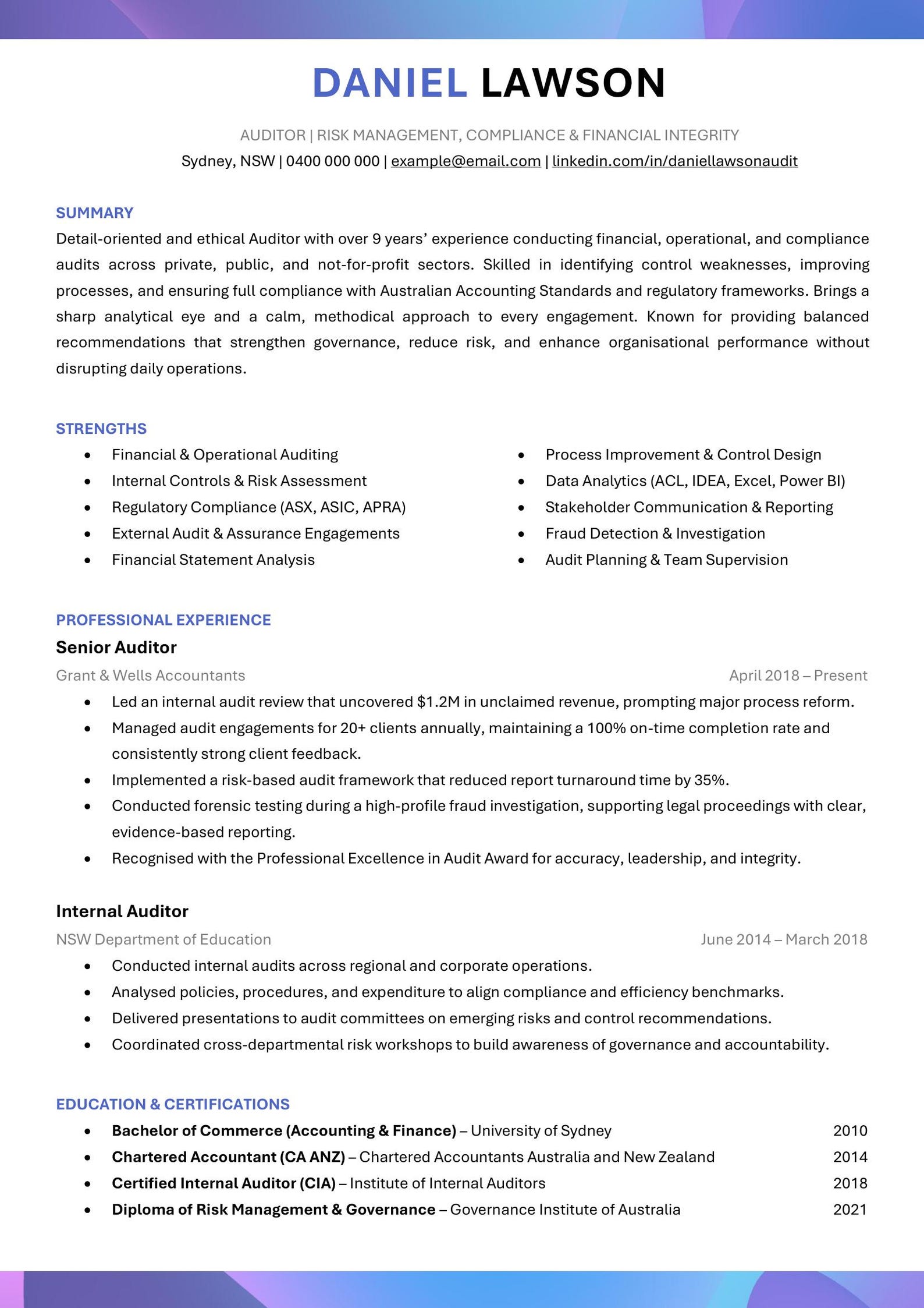 Auditor Resume Template – Professional, Ats‑friendly CV for Finance ...