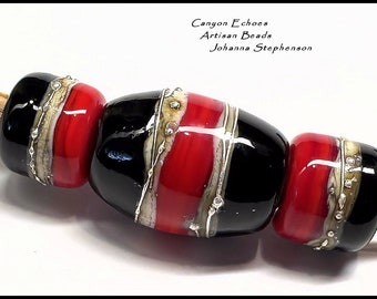 Canyon Echoes SRA Handmade lampwork beads, red black, big hole beads, 5mm holes, show dog lead beads,jewelry design beads, silver droplets
