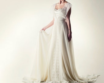 Lace Wedding Dress, Silk Chiffon Skirt, Corset Bodice
