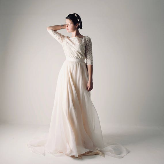 Lace Top Scoop Two Piece Long Sleeves Tulle Wedding Dress Lace Top Scoop Two Piece Long Sleeves Tulle Wedding Dress