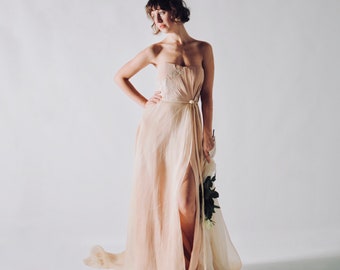 Draped silk wedding dress in Blush, 1920s wedding dress, Wedding dress with slit, Hand dyed dress, bridal gown with corset - HYPERICUM