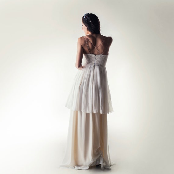 knee length dresses for ladies Strapless Peach Layered Chiffon Bridesmaid Dress with 3D Flowers   FancyVestido