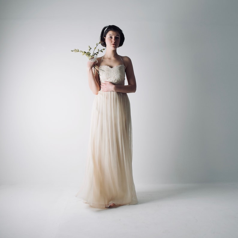 Silk Chiffon Boho Wedding Dress, Rustic Halter Corset, Custom Made image 3