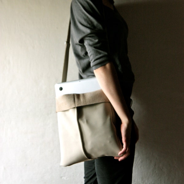 Leather Tote Bag - Grey handmade genuine leather purse with adjustable strap - unisex messenger bag
