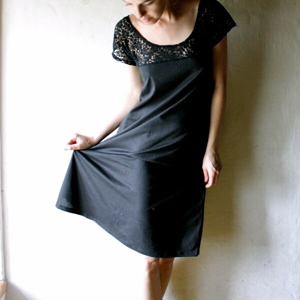 Black Lace Cotton Jersey Tunic Dress