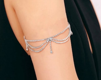 Minimalist Arm Cuff Band, Upper Arm Band, Silver armlet, Gold Arm Cuff Bracelet, Layered Crystal Chain Bride Bracelet, crystal cuff bracelet