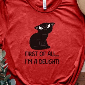 May include: Red t-shirt featuring a black cat graphic with an angry expression. The text on the shirt reads "FIRST OF ALL... I'M A DELIGHT!". The shirt is made of a soft material and is a casual wear item.