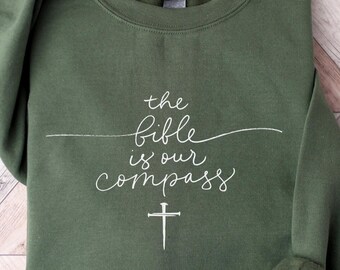 Christian Faith Sweater, Bible Is Our Compass Sweatshirt, Inspirational Scripture Crewneck, Simple Cross Bible Verse Top for Men/Women