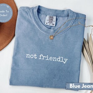 May include: A blue jean colored t-shirt with the phrase "not friendly" printed in white. The shirt has a crew neck and short sleeves. A gold necklace with a pendant is draped across the shirt. The shirt is folded on a white surface.