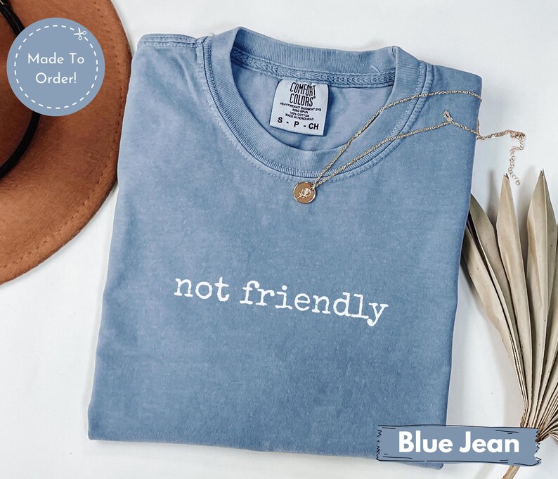 May include: A blue jean colored t-shirt with the phrase "not friendly" printed in white. The shirt has a crew neck and short sleeves. A gold necklace with a pendant is draped across the shirt. The shirt is folded on a white surface.
