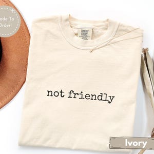 May include: Ivory-colored t-shirt with the phrase "not friendly" printed in black. The shirt has a crew neck and short sleeves. A gold necklace with a small pendant is draped on the shirt.