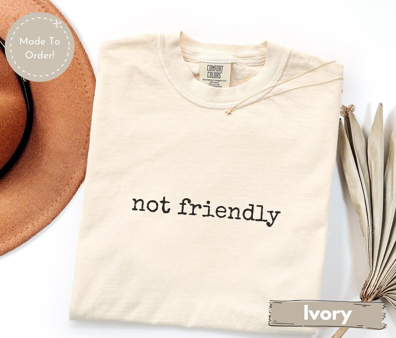 May include: Ivory-colored t-shirt with the phrase "not friendly" printed in black. The shirt has a crew neck and short sleeves. A gold necklace with a small pendant is draped on the shirt.