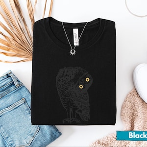 Linocut Owl Shirt, Funny Bird Graphic, Owl Lover Gift, Dark Academia Tee, Quirky Owl Top, Witchy Gift, Vintage Style Owl Shirt, Folk Art image 6