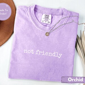 May include: A lavender Comfort Colors t-shirt with the words "not friendly" printed in white. A silver necklace with a small pendant rests on the shirt. The shirt is labeled "Orchid" and "Made to Order!"