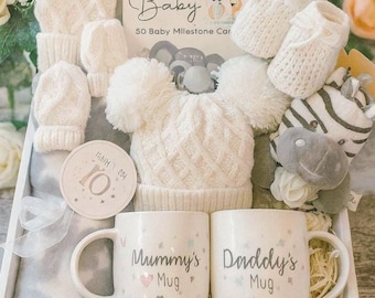Luxury Unisex Baby Gift Box – Newborn Hamper with  Blanket, Soft Toy, Milestone Cards & Parent Mugs – Baby Shower Gift Set