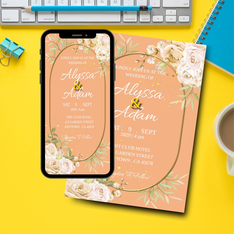 Editable Peach Gold Wedding Invitation Template, Wedding Floral ...