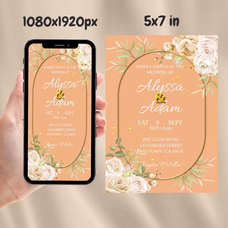 Editable Peach Gold Wedding Invitation Template, Wedding Floral ...