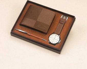 Gift Set With Leather Wallet For Him, Simple Wrist Watch As Present, Personalized Birthday Gift For Dad, Business Gift Set