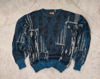 Vintage Sasson Patterned Sweater Men’s L Blue Retro 90s Knit Jumper