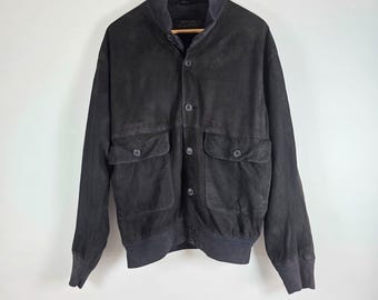 Vintage Italian Suede Bomber Jacket Black Mens L Vera Pelle Leather Classic