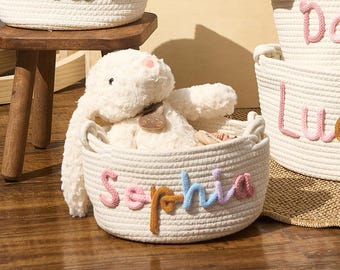 Handmade Cotton Knitted Baby Basket - Personalized Baby Shower Basket with Name - Monogrammed Nursery Basket - Newborn Girl Gift