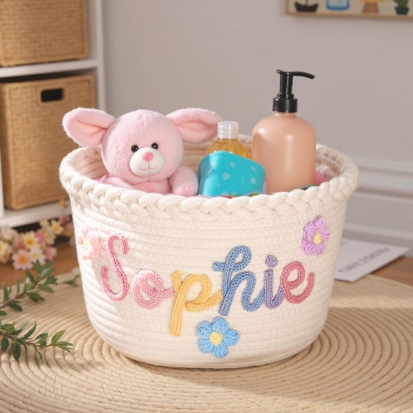 Cesta de punto personalizada para bebé · Regalo de Navidad para bebé · Cesta tejida con monograma para recién nacidos · Cesta de cuerda de algodón para guardería · Cesta para baby shower