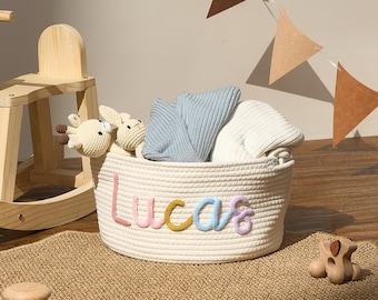 Personalized Baby Braided Rope Basket · Cotton Rope Nursery Basket · Monogrammed Newborn Basket · Toy Basket · I-Cord Knitting Craft